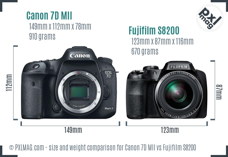 Canon 7D MII vs Fujifilm S8200 size comparison Canon 7D MII vs Fujifilm S8200 size comparison