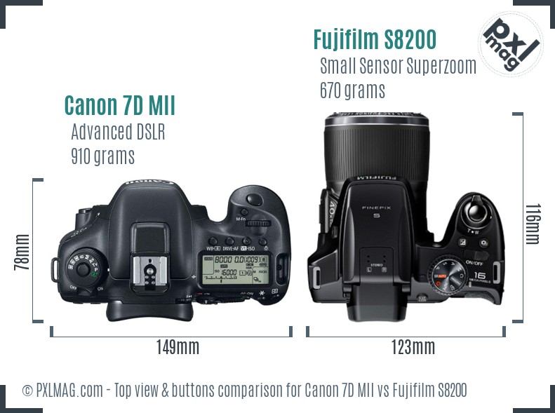 Canon 7D MII vs Fujifilm S8200 top view buttons comparison