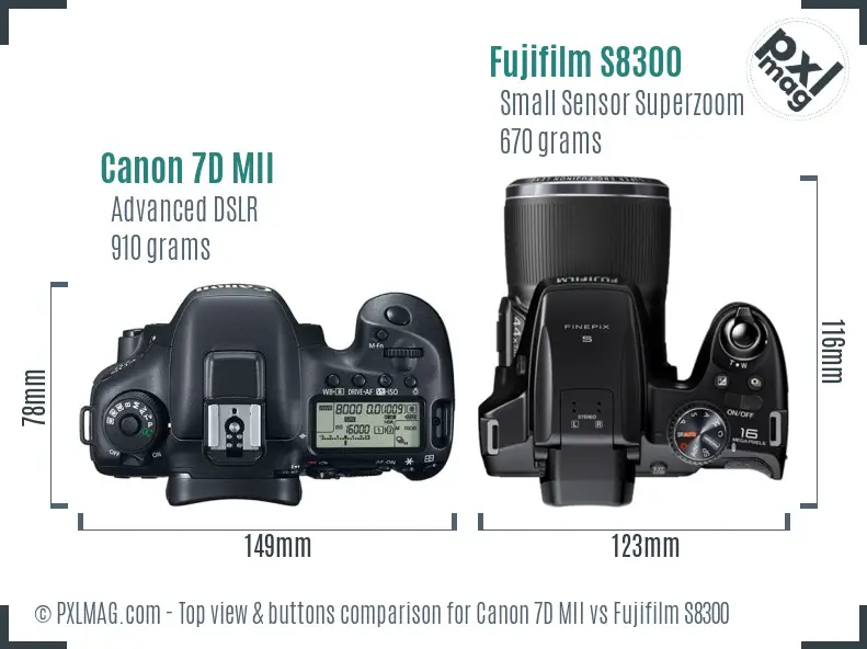 Canon 7D MII vs Fujifilm S8300 top view buttons comparison