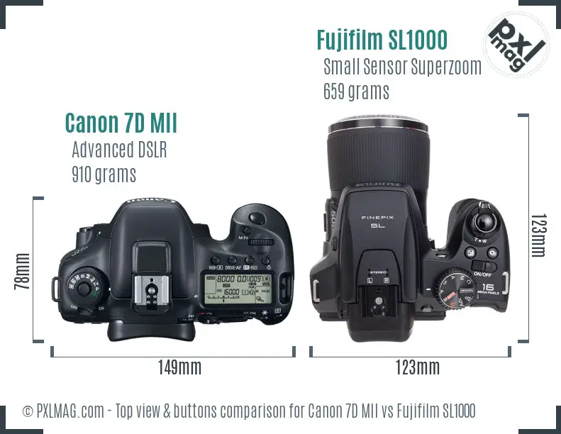 Canon 7D MII vs Fujifilm SL1000 top view buttons comparison