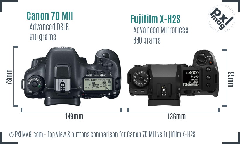 Canon 7D MII vs Fujifilm X-H2S top view buttons comparison