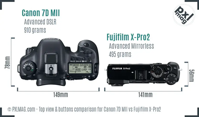 Canon 7D MII vs Fujifilm X-Pro2 top view buttons comparison Canon 7D MII vs Fujifilm X-Pro2 top view buttons comparison