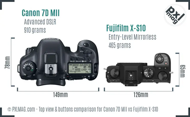 Canon 7D MII vs Fujifilm X-S10 top view buttons comparison