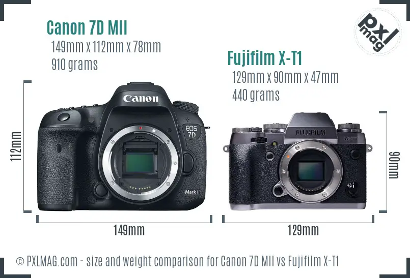 Canon 7D MII vs Fujifilm X-T1 size comparison