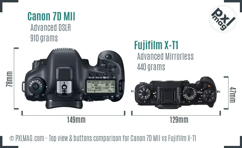 Canon 7D MII vs Fujifilm X-T1 top view buttons comparison