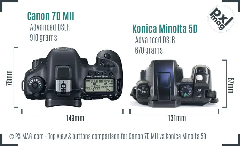 Canon 7D MII vs Konica Minolta 5D top view buttons comparison