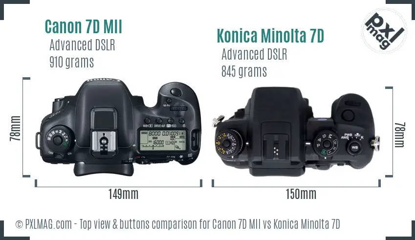 Canon 7D MII vs Konica Minolta 7D top view buttons comparison