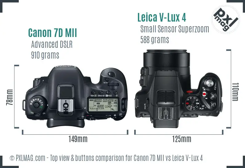 Canon 7D MII vs Leica V-Lux 4 top view buttons comparison