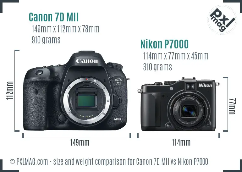 Canon 7D MII vs Nikon P7000 size comparison