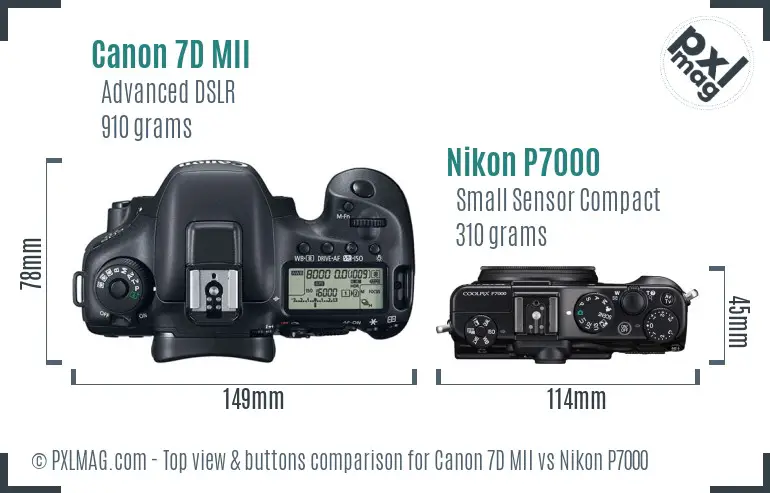 Canon 7D MII vs Nikon P7000 top view buttons comparison