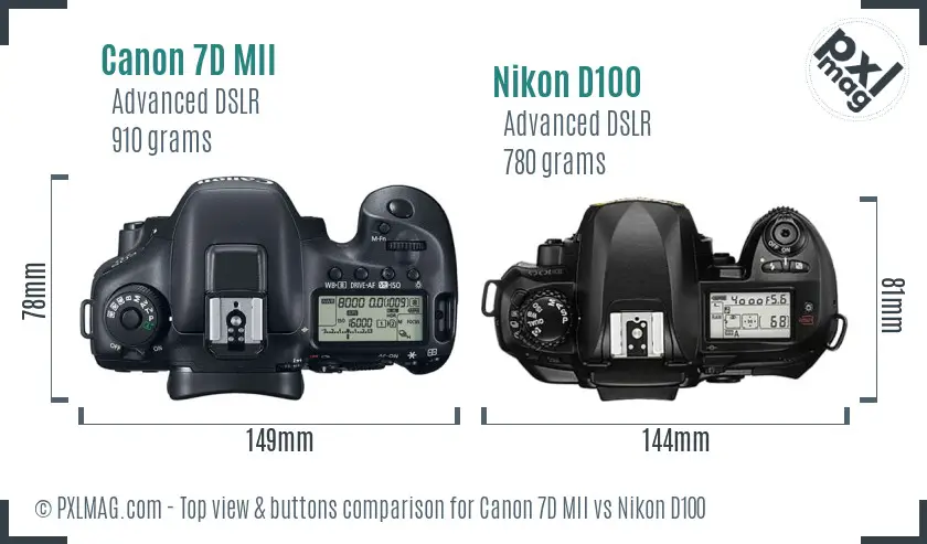 Canon 7D MII vs Nikon D100 top view buttons comparison
