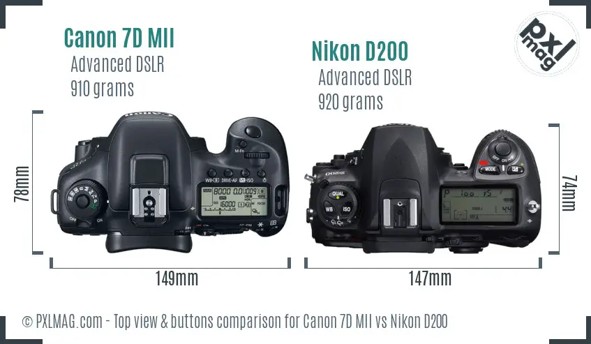Canon 7D MII vs Nikon D200 top view buttons comparison
