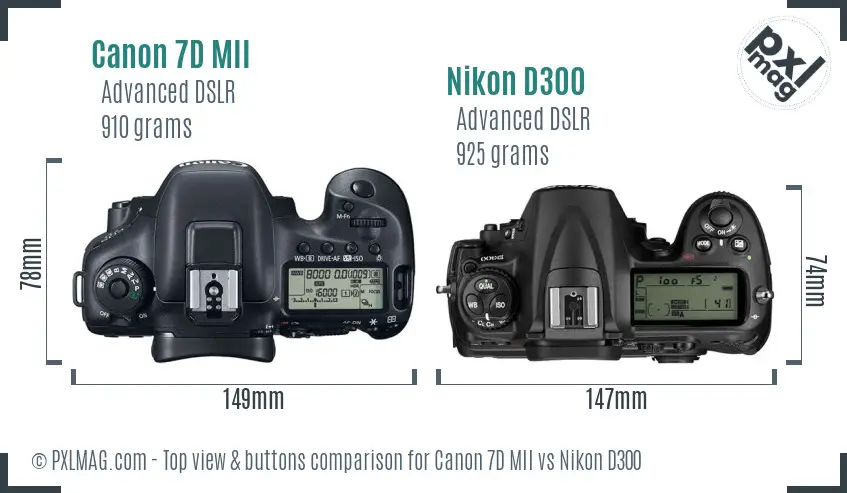 Canon 7D MII vs Nikon D300 top view buttons comparison