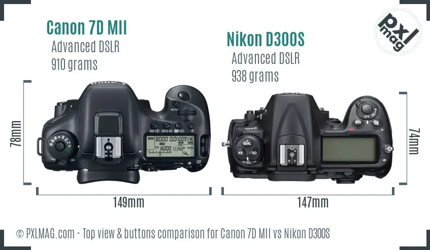 Canon 7D MII vs Nikon D300S top view buttons comparison