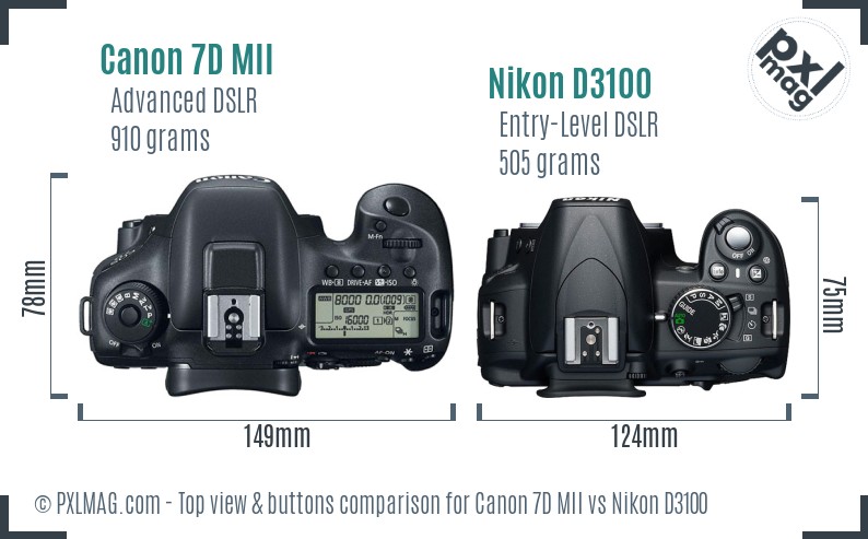 Canon 7D MII vs Nikon D3100 top view buttons comparison