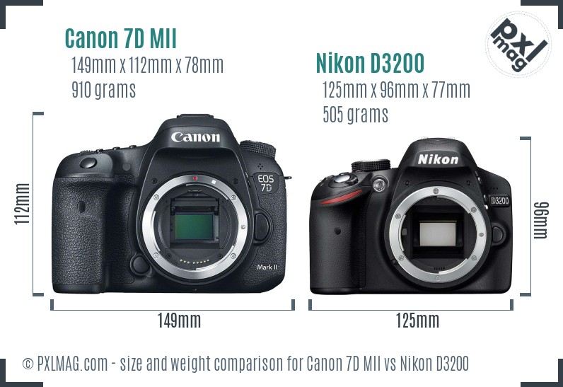 Canon 7D MII vs Nikon D3200 size comparison Canon 7D MII vs Nikon D3200 size comparison