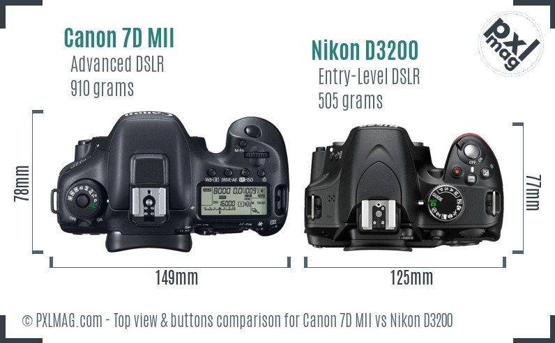 Canon 7D MII vs Nikon D3200 top view buttons comparison