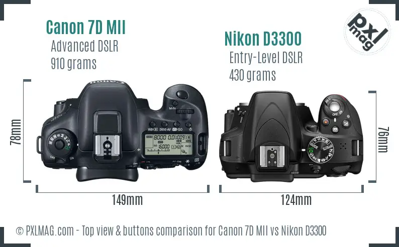 Canon 7D MII vs Nikon D3300 top view buttons comparison
