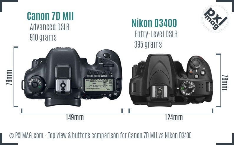 Canon 7D MII vs Nikon D3400 top view buttons comparison
