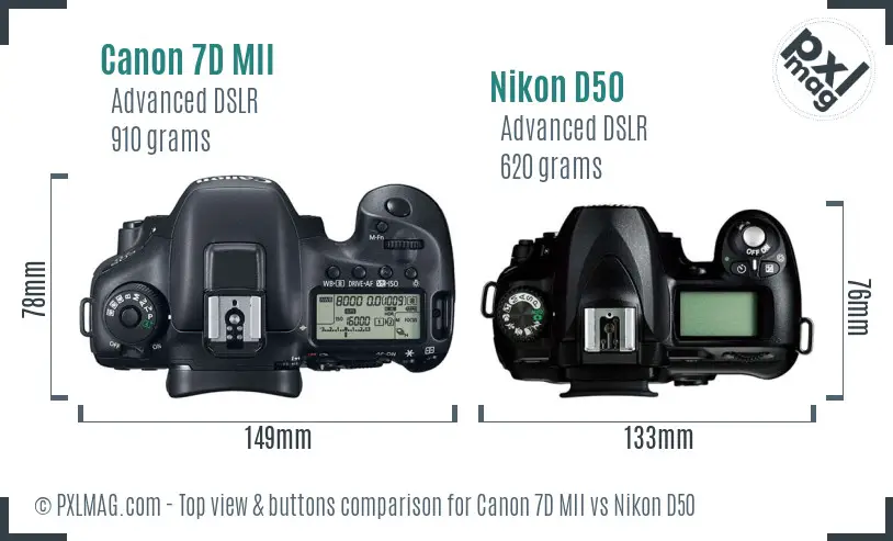 Canon 7D MII vs Nikon D50 top view buttons comparison