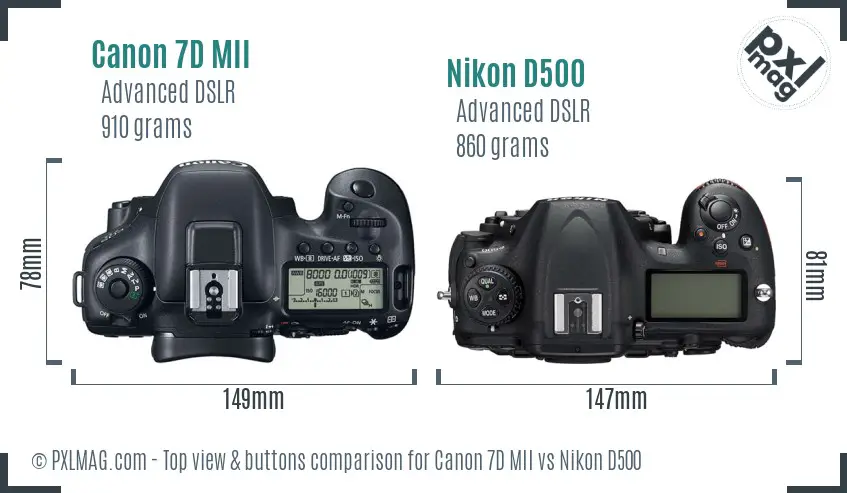 Canon 7D MII vs Nikon D500 top view buttons comparison