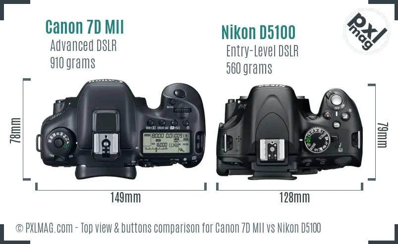 Canon 7D MII vs Nikon D5100 top view buttons comparison Canon 7D MII vs Nikon D5100 top view buttons comparison