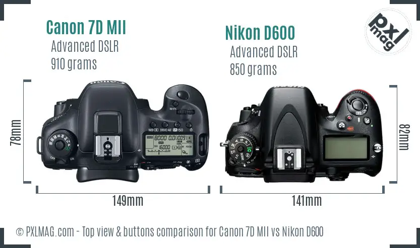 Canon 7D MII vs Nikon D600 top view buttons comparison