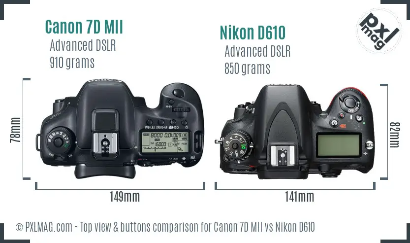 Canon 7D MII vs Nikon D610 top view buttons comparison