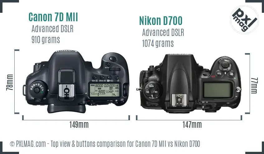Canon 7D MII vs Nikon D700 top view buttons comparison