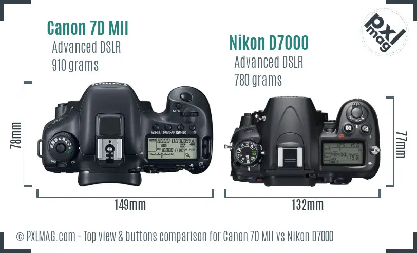 Canon 7D MII vs Nikon D7000 top view buttons comparison