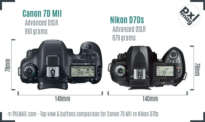 Canon 7D MII vs Nikon D70s top view buttons comparison