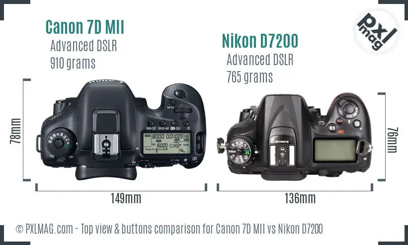 Canon 7D MII vs Nikon D7200 top view buttons comparison