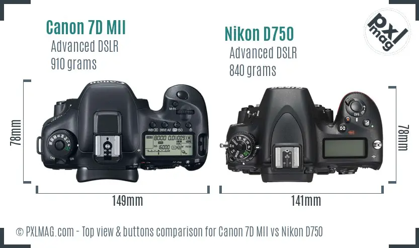 Canon 7D MII vs Nikon D750 top view buttons comparison