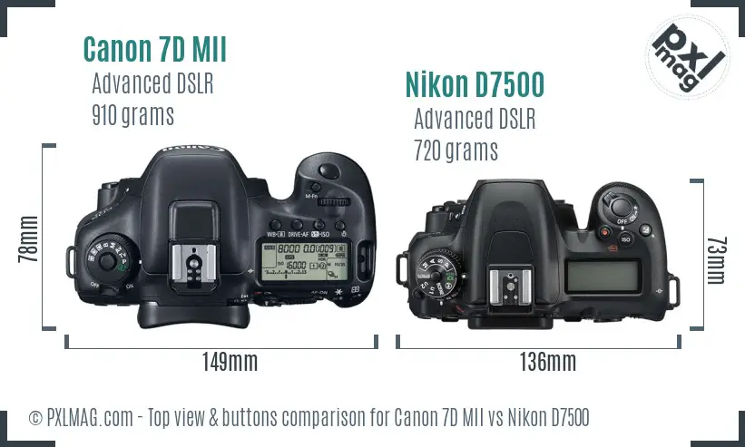 Canon 7D MII vs Nikon D7500 top view buttons comparison