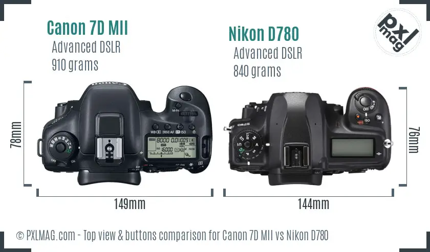 Canon 7D MII vs Nikon D780 top view buttons comparison