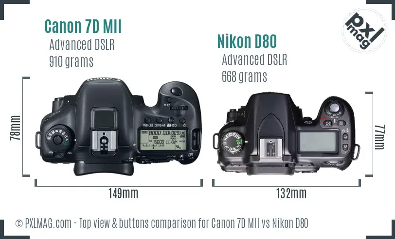 Canon 7D MII vs Nikon D80 top view buttons comparison