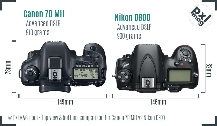 Canon 7D MII vs Nikon D800 top view buttons comparison