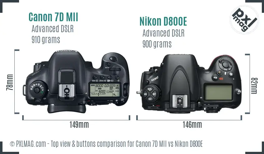 Canon 7D MII vs Nikon D800E top view buttons comparison