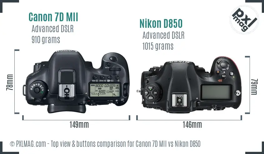 Canon 7D MII vs Nikon D850 top view buttons comparison