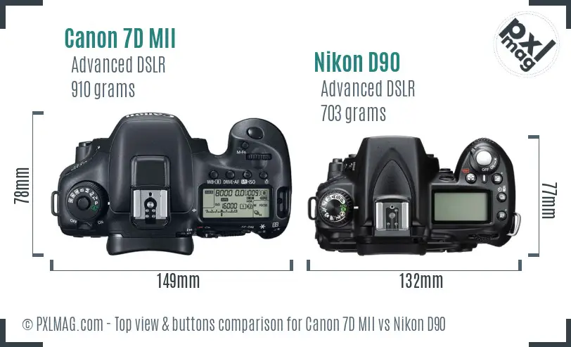 Canon 7D MII vs Nikon D90 top view buttons comparison