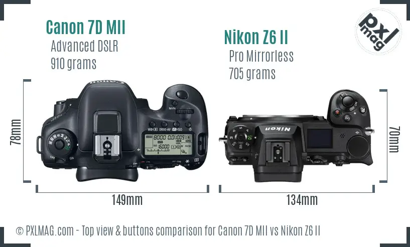 Canon 7D MII vs Nikon Z6 II top view buttons comparison