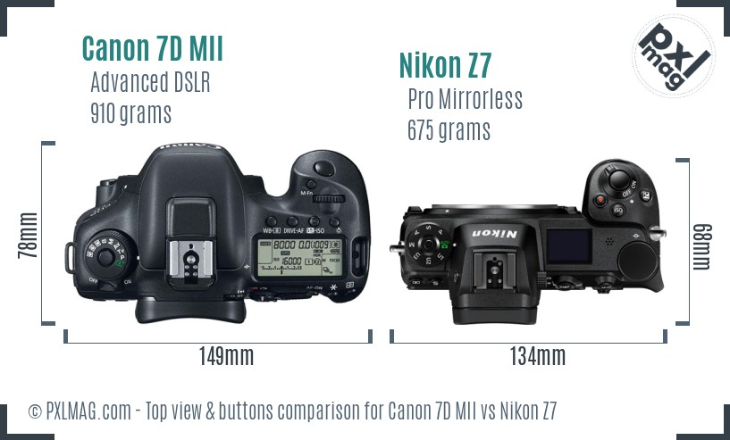 Canon 7D MII vs Nikon Z7 top view buttons comparison