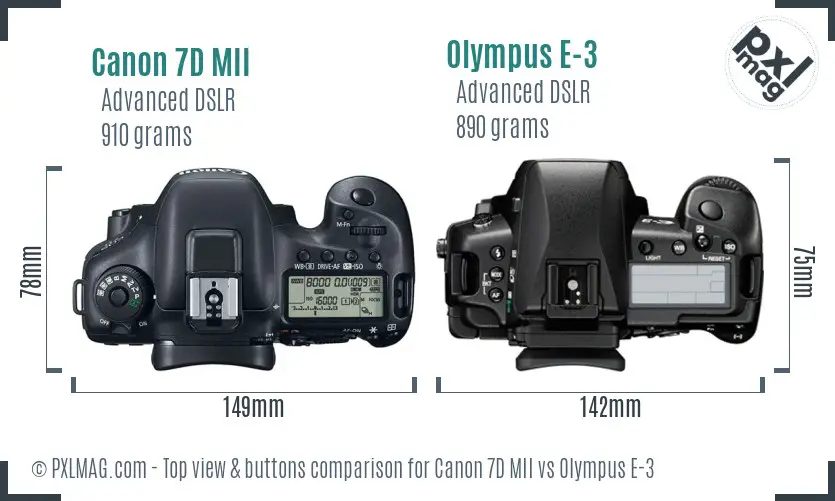Canon 7D MII vs Olympus E-3 top view buttons comparison