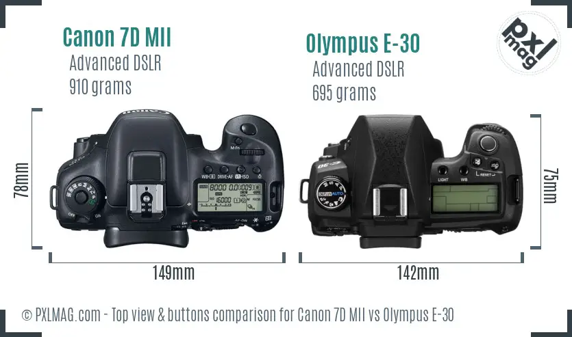 Canon 7D MII vs Olympus E-30 top view buttons comparison