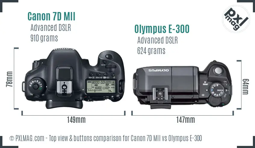 Canon 7D MII vs Olympus E-300 top view buttons comparison