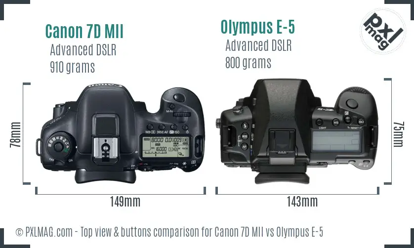 Canon 7D MII vs Olympus E-5 top view buttons comparison