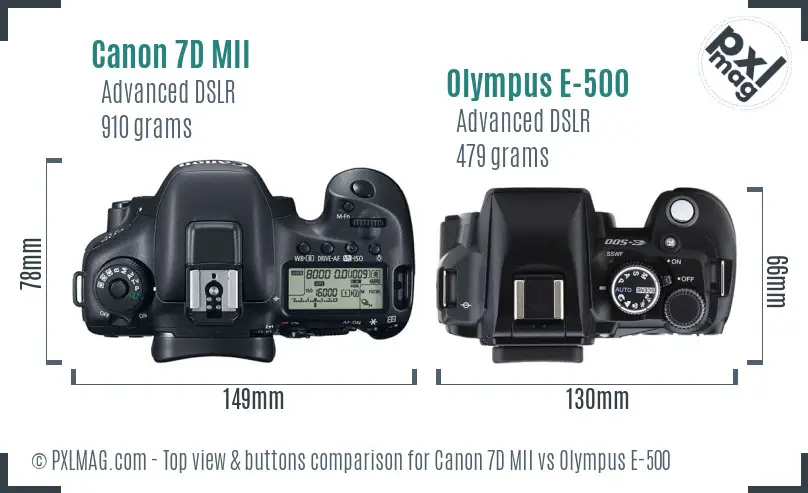 Canon 7D MII vs Olympus E-500 top view buttons comparison