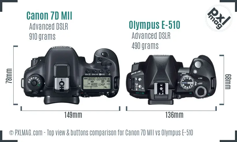 Canon 7D MII vs Olympus E-510 top view buttons comparison