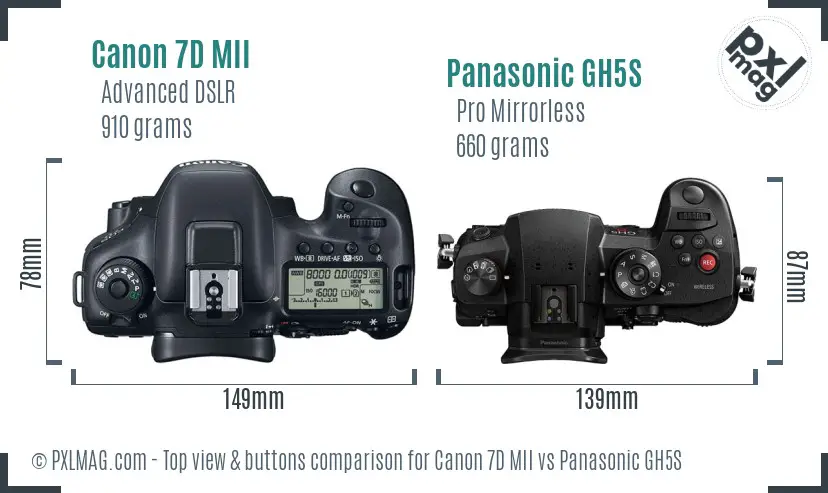 Canon 7D MII vs Panasonic GH5S top view buttons comparison Canon 7D MII vs Panasonic GH5S top view buttons comparison