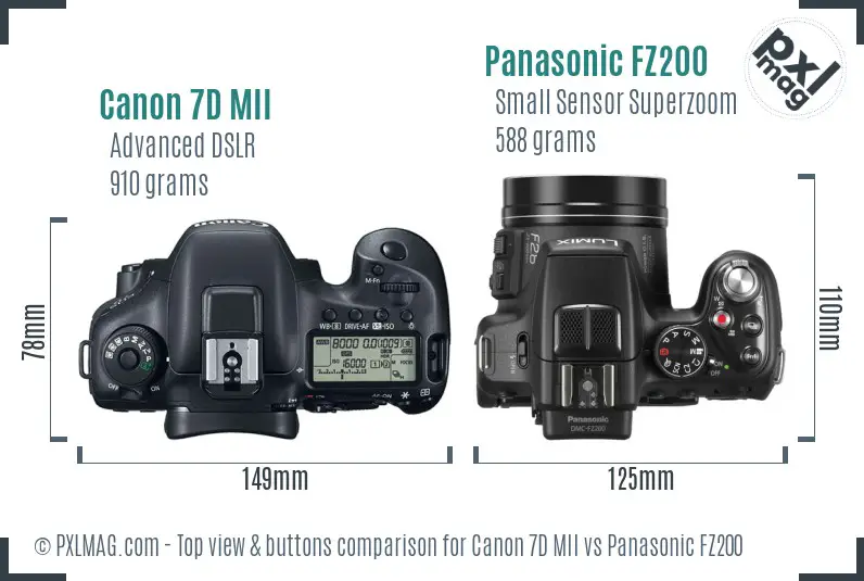 Canon 7D MII vs Panasonic FZ200 top view buttons comparison